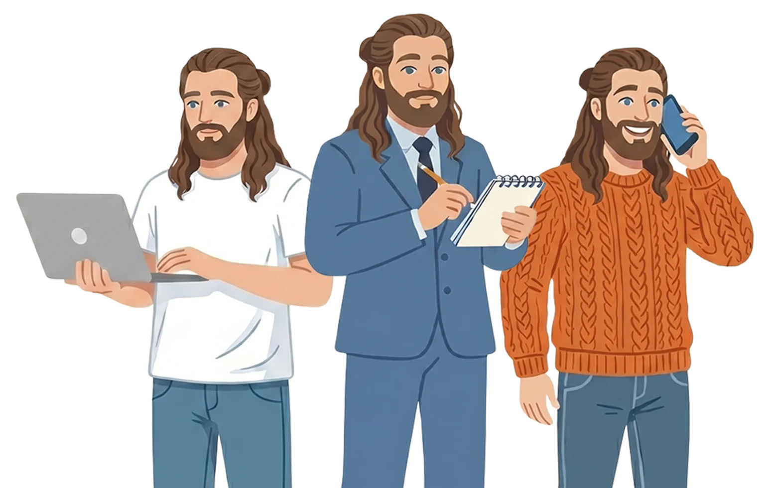 The same man three times: at a laptop in a T-shirt, in a suit taking notes, and in a jumper on the phone. One person covering every role.